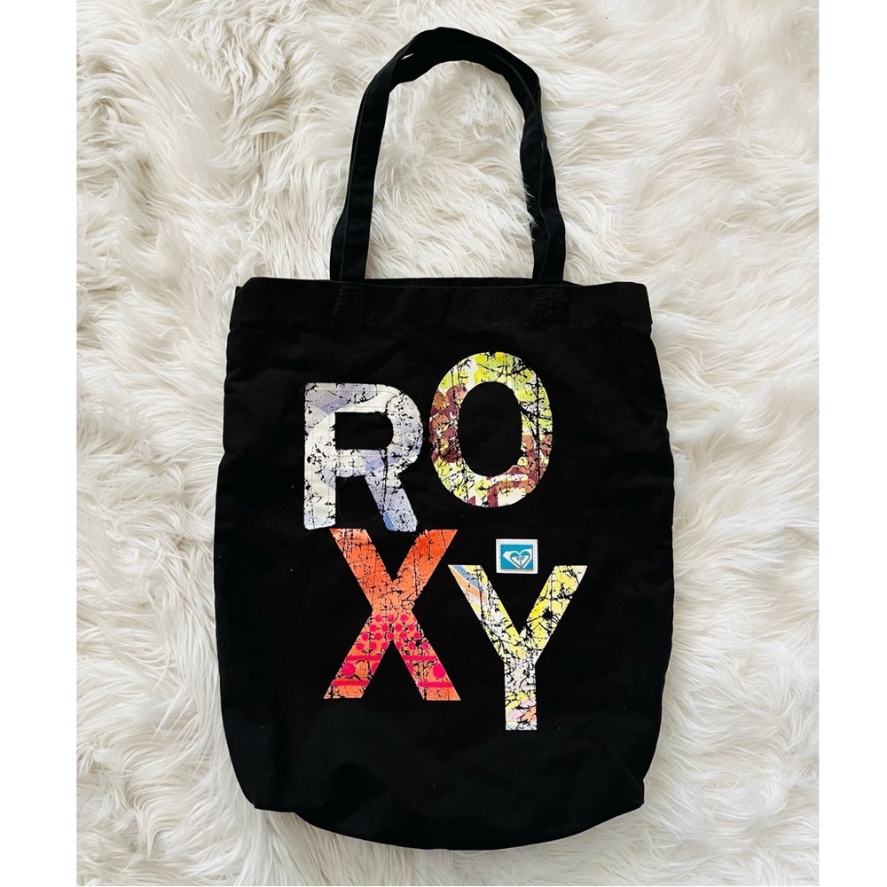 Roxy Logo Patch Black Canvas Tote Bag